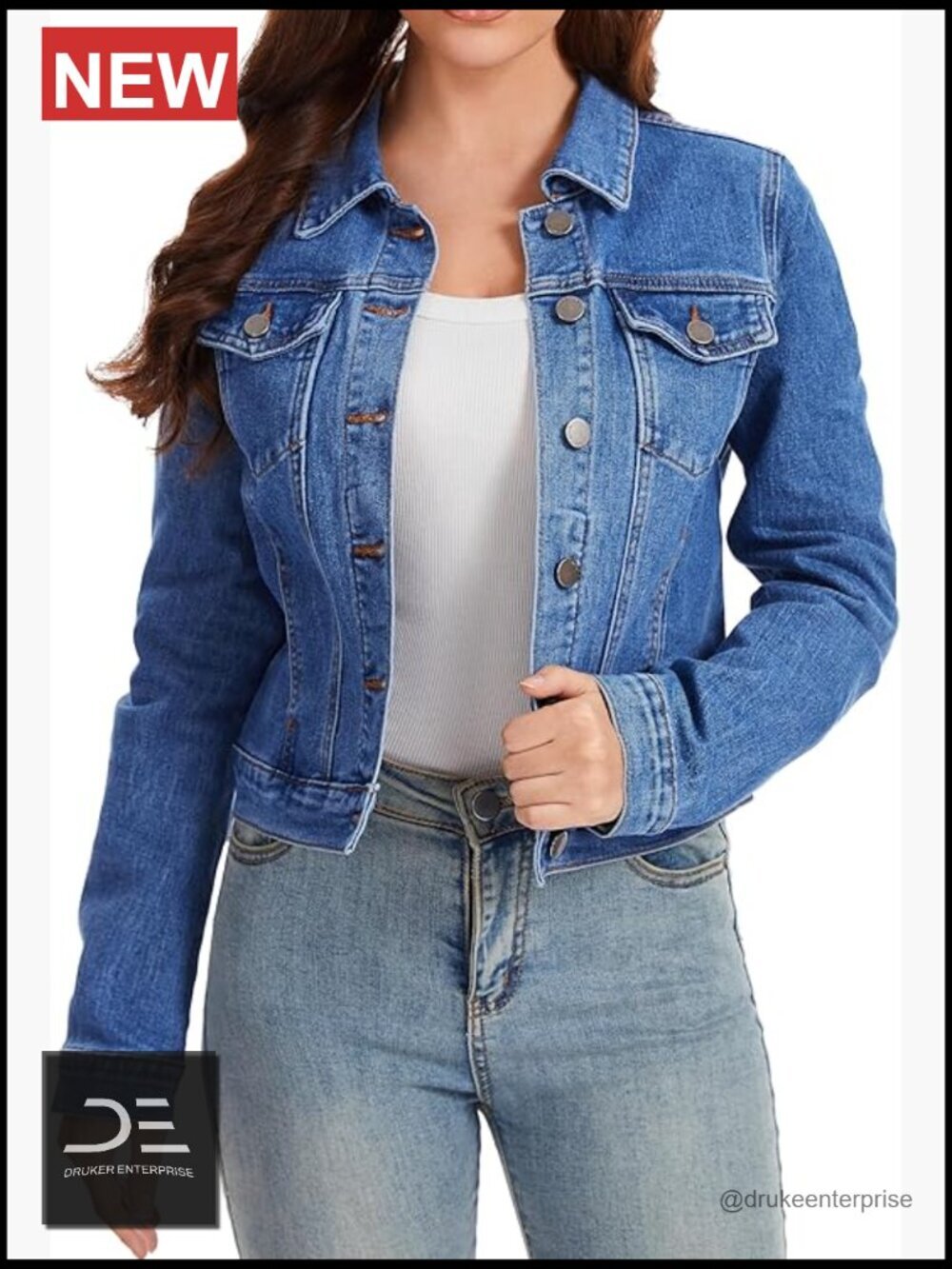 Stretch Cropped Denim Jacket with Pockets Button Down Classic Fit